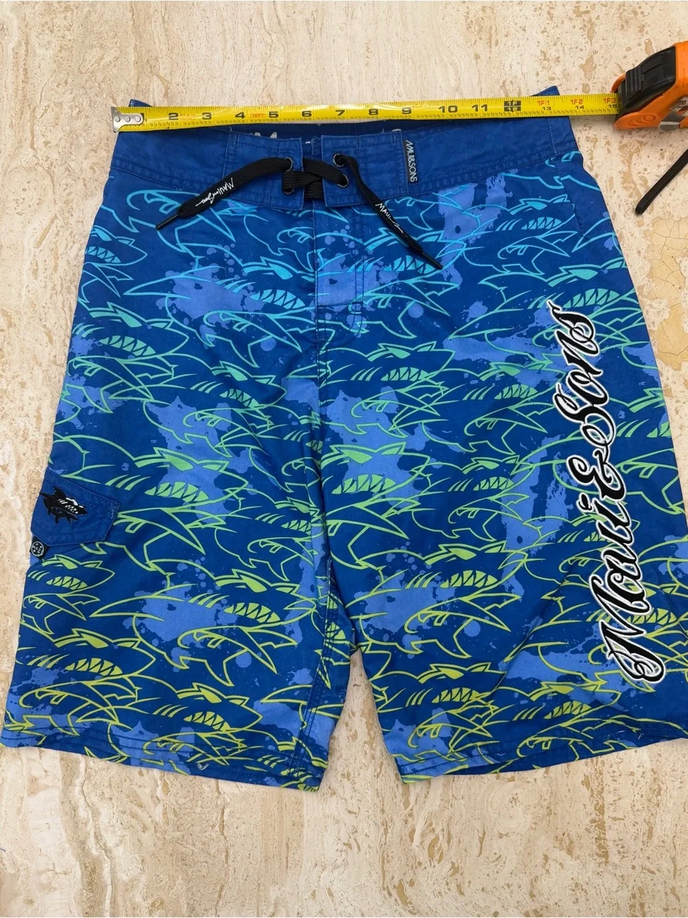 Maui and Sons Blue Shark-Print Boys size 14 Swim Trunks